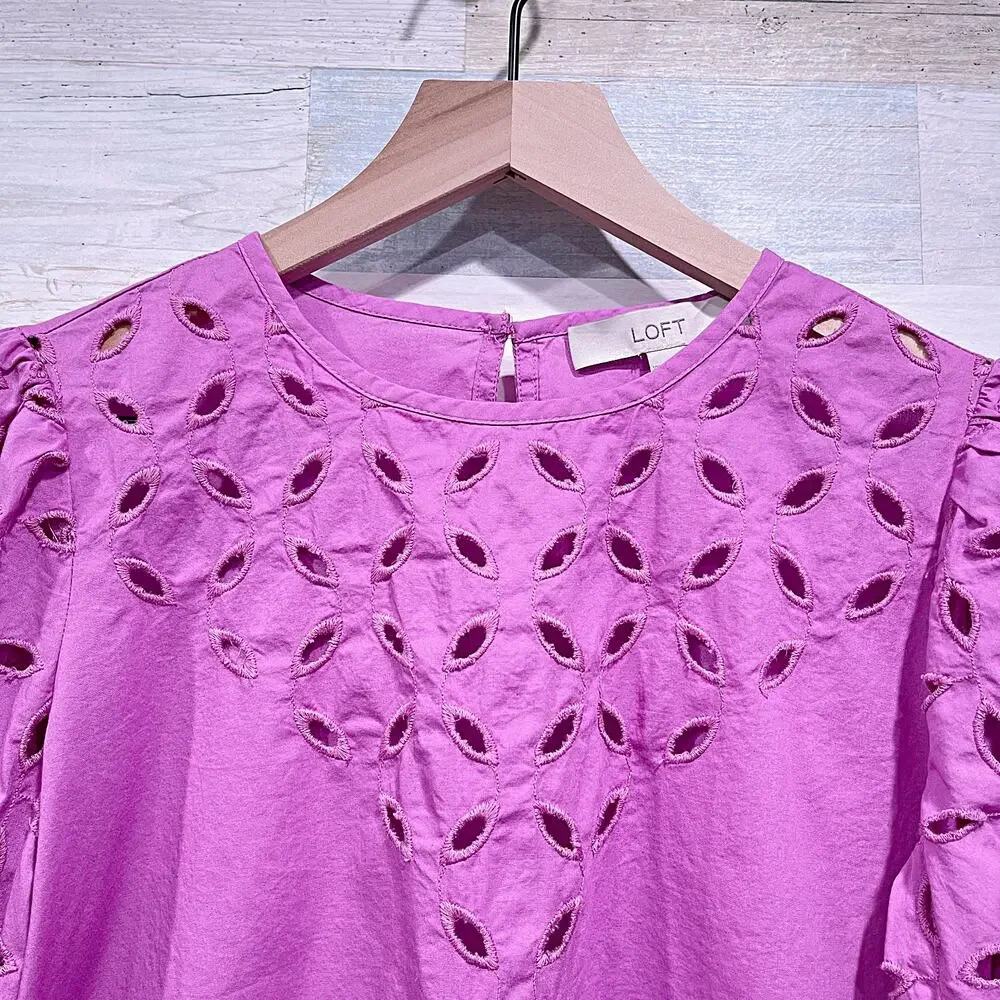 LOFT Eyelet Puff Sleeve Top Purple Cotton Poplin Casual Womens XXS Petite XXSP